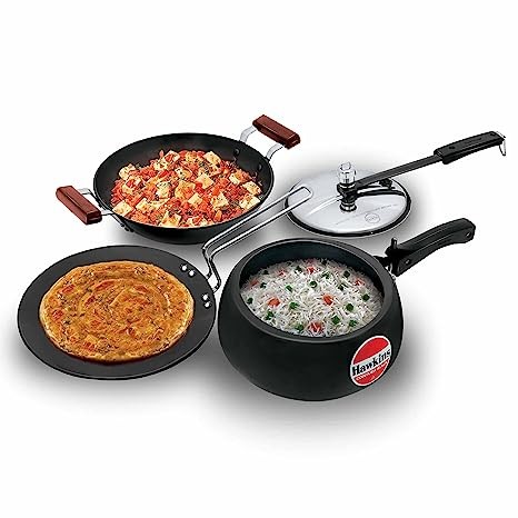 Hawkins Triniti Kitchen Set (Tava, Deep-Fry Pan, Inner Lid Pressure Cooker), Black (PCWSET1), Hard Anodised Aluminium