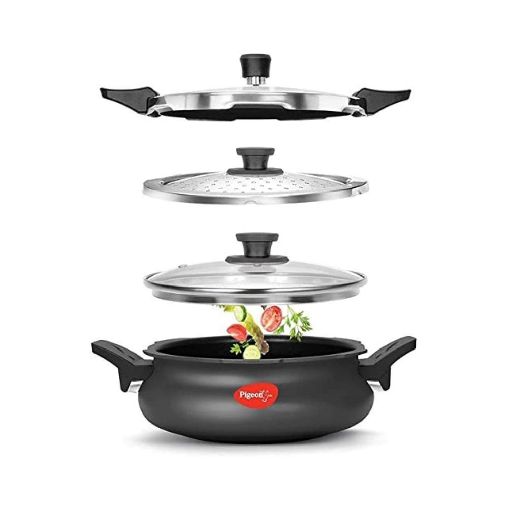 Pigeon All in One Super Cooker Aluminium with Outer Lid Induction and Gas Stove Compatible 5 Lt Capacity for Healthy Cooking (Black)