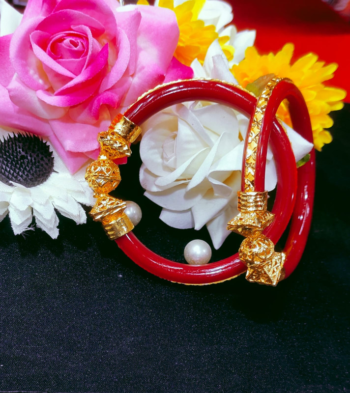 BEAUTY Plastic Gold Plated Red Coloured Shakha Pola Bangle Set for women pack of 2 pieces