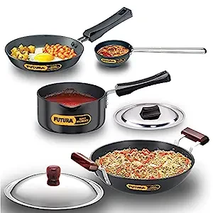 Hawkins Futura 4 Pieces Cookware Set 7 - Hard Anodised Tadka Pan, Frying Pan, Kadhai, Saucepan and Two Stainless Steel Lids, Black (ASET7)