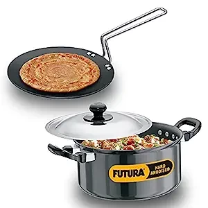 Hawkins Futura 2 Pieces Cookware Set 5 - Hard Anodised Tava and Stewpot with One Stainless Steel Lid, Black (ASET5)