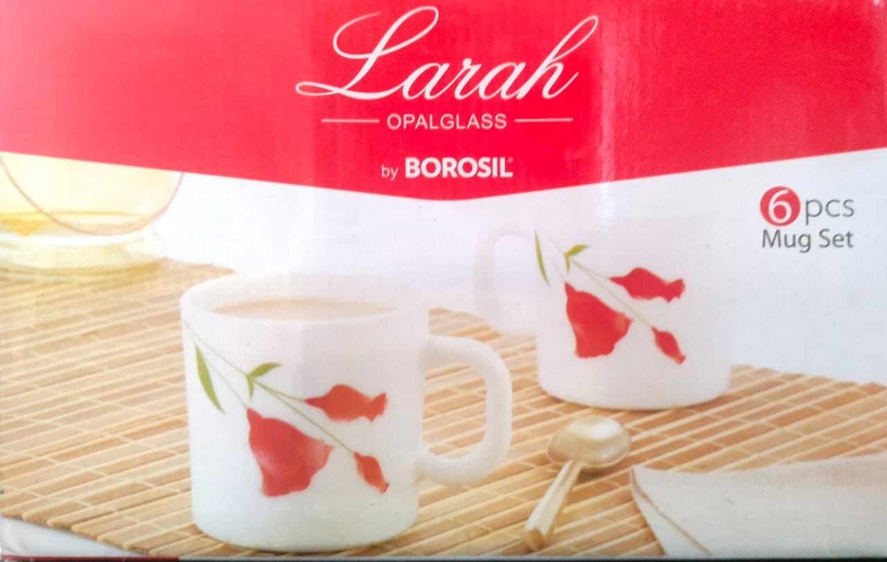 Larah by BOROSIL Red Carnation Opalware Mug Set (White) - 6 Pieces