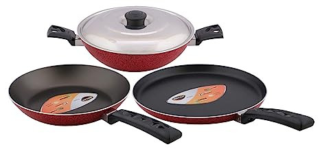 Bajaj Electricals, Aspa Gift Set, Non Stick Set of Flat Tawa, Fry Pan & Kadhai with Lid, Flat Tawa 26 Cm, Fry Pan 24 Cm & Kadhai 24 Cm, SAGS10