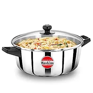 Hawkins Cook n Serve Casserole, Stainless Steel Saucepan with Glass Lid, Induction Pan, Sauce Pan for Cooking and Serving, Black