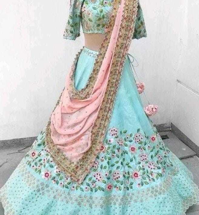 Embroidered Lehenga Choli  (Sky Blue)