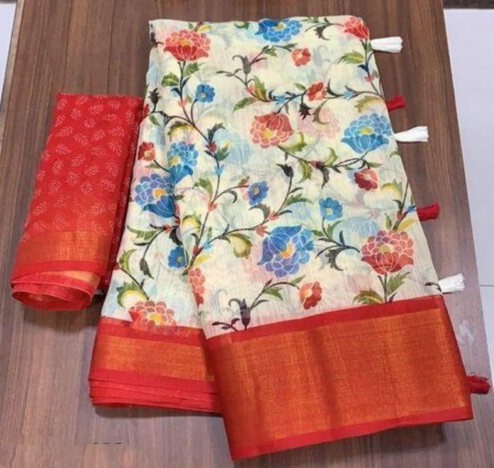 Cotton White Tassels And Latkans Saree With Blouse Piece