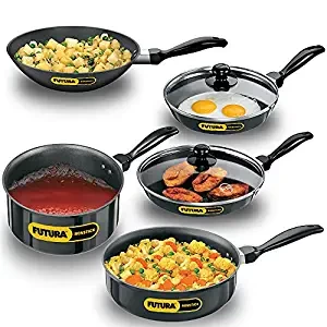Hawkins Futura 5 Pieces Cookware Set 4 - Non Stick Kadhai, Two Frying Pans, Saucepan, Saute Pan and Two Glass Lids, Black (NSET4)