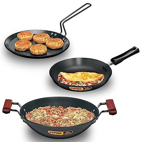 Hawkins Futura 3 Pieces Cookware Set 2 - Hard Anodised Flat Tava, Frying Pan and Kadhai, Black (ASET2)