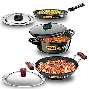 Hawkins Futura 3 Pieces Cookware Set 1, Induction Cookware Set - Hard Anodised Frying Pan, Kadhai and Cook-n-Serve Bowl with One Hard Anodised Lid, Black (IASET1)
