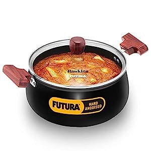 Hawkins Futura 4 Litre Cook n Serve Handi, Biryani Handi with Glass Lid, Induction Saucepan, Sauce Pan, Black