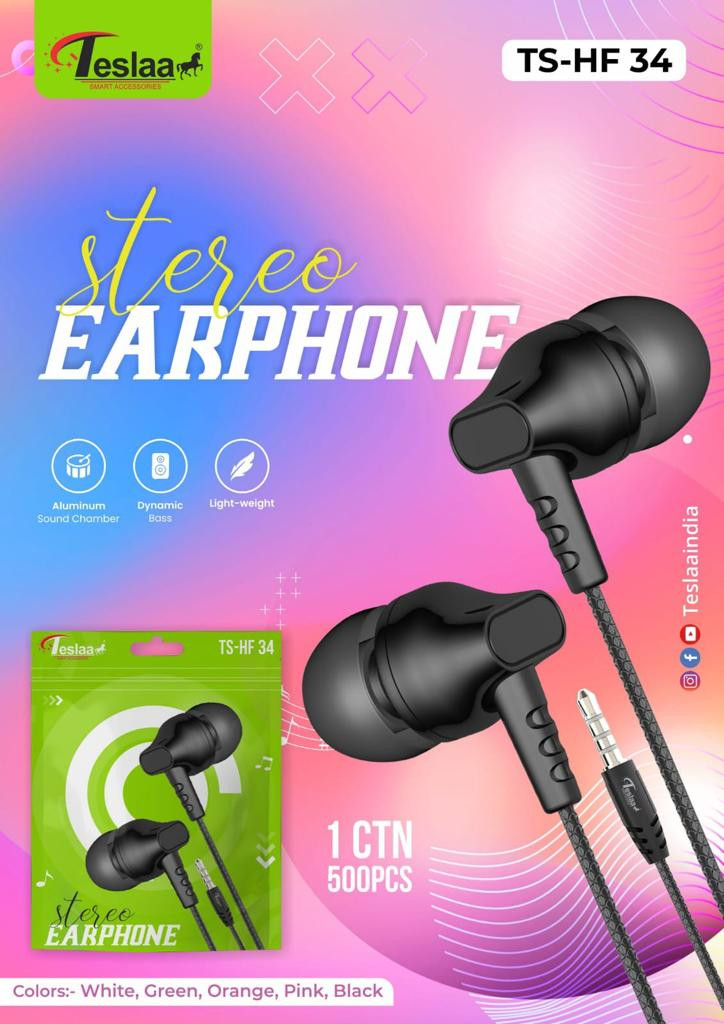 Teslaa TS- HF 34 Earphone (White/Green/Orange/Pink/Black)