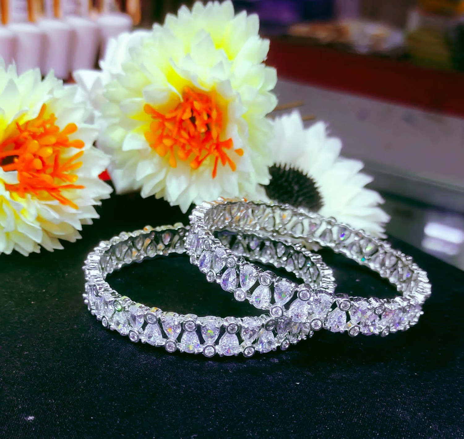 Silver Plated Multi Studded Crystal White AD - CZ Stone Bangle - Impressive and luxuriant Set of 2 Bangle