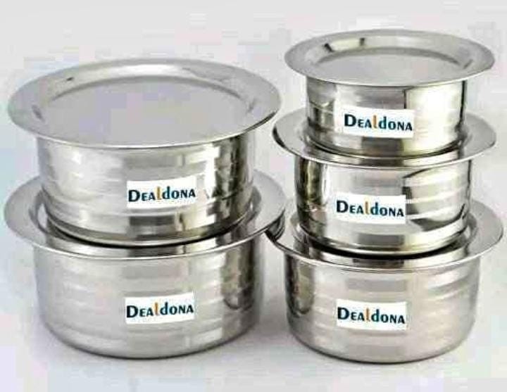 Stainless Steel tope Silver line Set of 6 pcs with lid Container Set/Tope Flat Heavy Mirror Finish Bottom Set/patila/Milk Pot pan/Handi