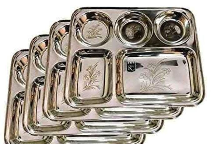 5 in1 Square Extra Deep Compartment Divided Stainless Steel Plate/Thali/Bhojan Thali/Mess Tray/Dinner Plate(Silver) (Set of 4)