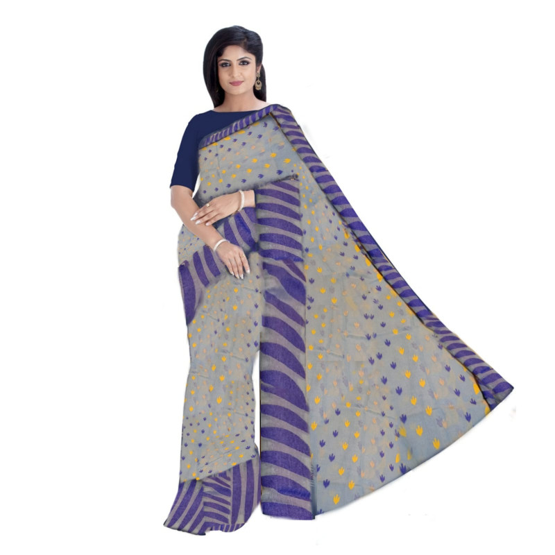 Women’s Soft Cotton Silk Jamdani Saree( grey blue yellow)